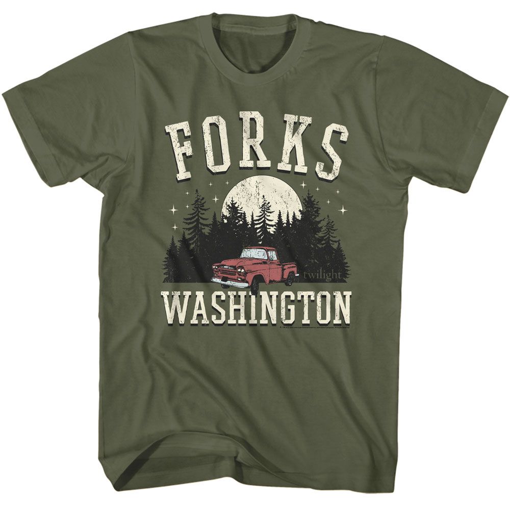 Wholesale Twilight Movie Forks Truck Solid Military Green Adult T-Shirt