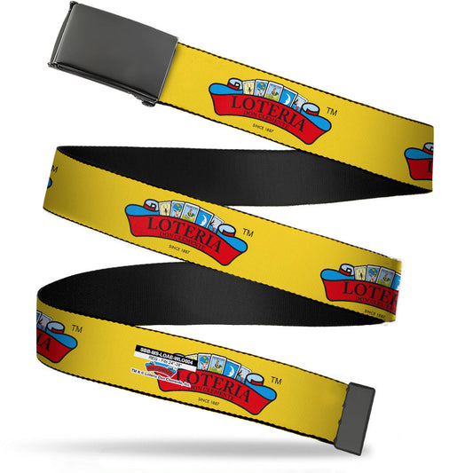 Black Buckle Web Belt - LOTERIA DON CLEMENTE Logo Yellow Webbing