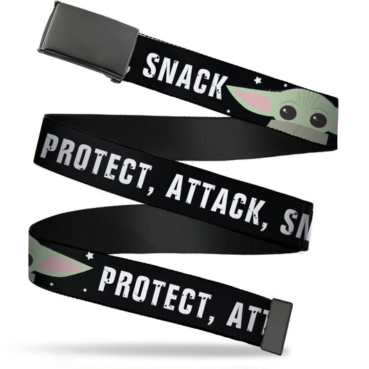 Black Buckle Web Belt - Star Wars The Child Chibi Face PROTECT ATTACK SNACK Black/White Webbing