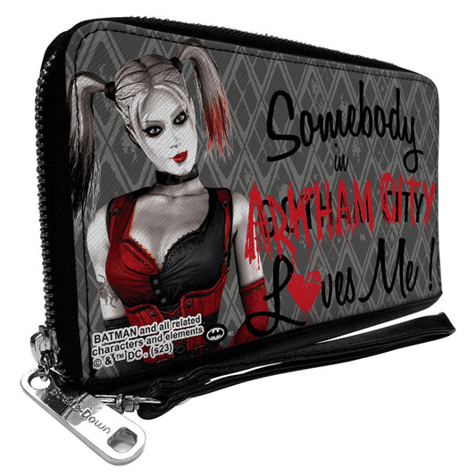 PU Zip Around Wallet Rectangle - Harley Quinn SOMEBODY IN ARKHAM CITY LOVES ME Grays/Black/Red