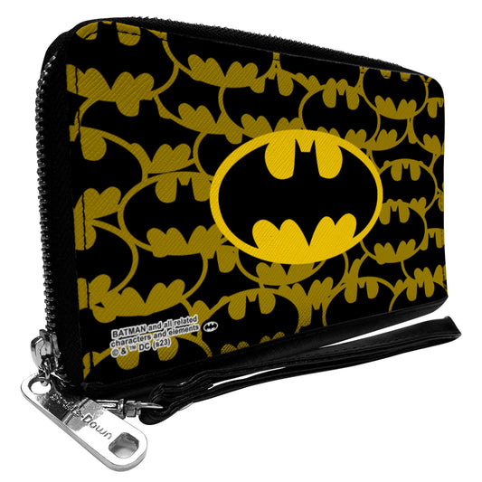 PU Zip Around Wallet Rectangle - Batman Bat Signal Stacked and Centered Yellow/Black