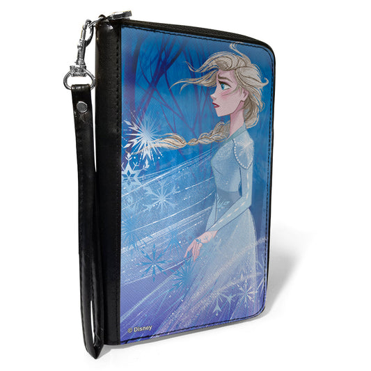 PU Zip Around Wallet Rectangle - Frozen Elsa Pose Swirling Snowflakes Blues