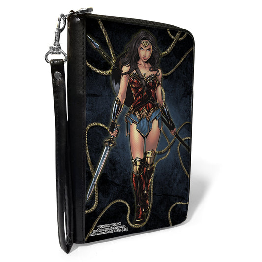 PU Zip Around Wallet Rectangle - Wonder Woman 2017 Standing Swords Pose with Lasso of Truth Blues/Golds
