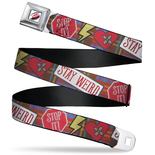 CRUELLA Wink Full Color White/Black/Red Seatbelt Belt - Cruella Rebel Heart Patches Collage Plaid Multi Color Webbing